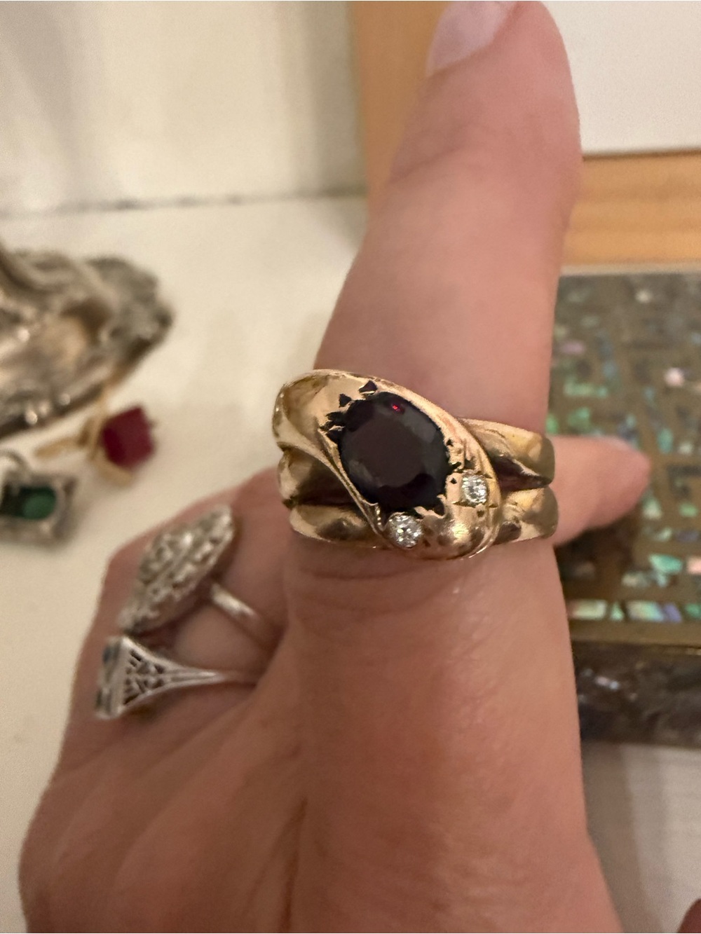 Antique Victorian Snake Ring with Ruby + Diamonds